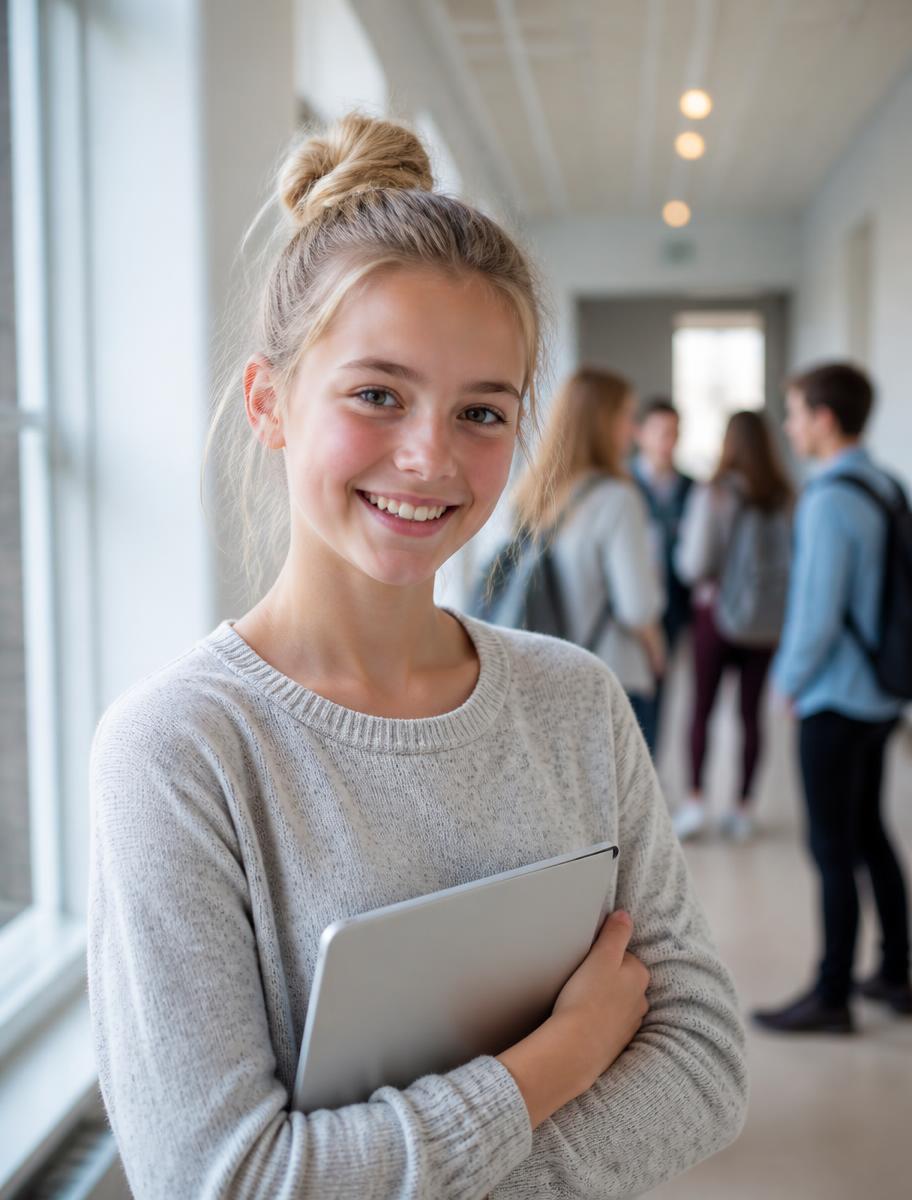Smilende elev med tablet på skolens gang